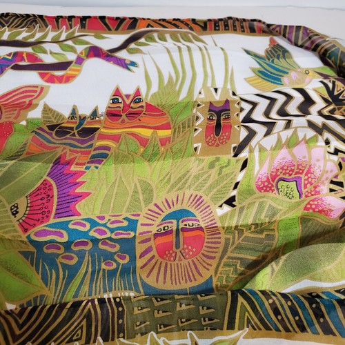 Laurel Burch Silk SCARF Fringe Tropical Secret Jungle animals Birds Leaves 52x10 - Picture 5 of 7