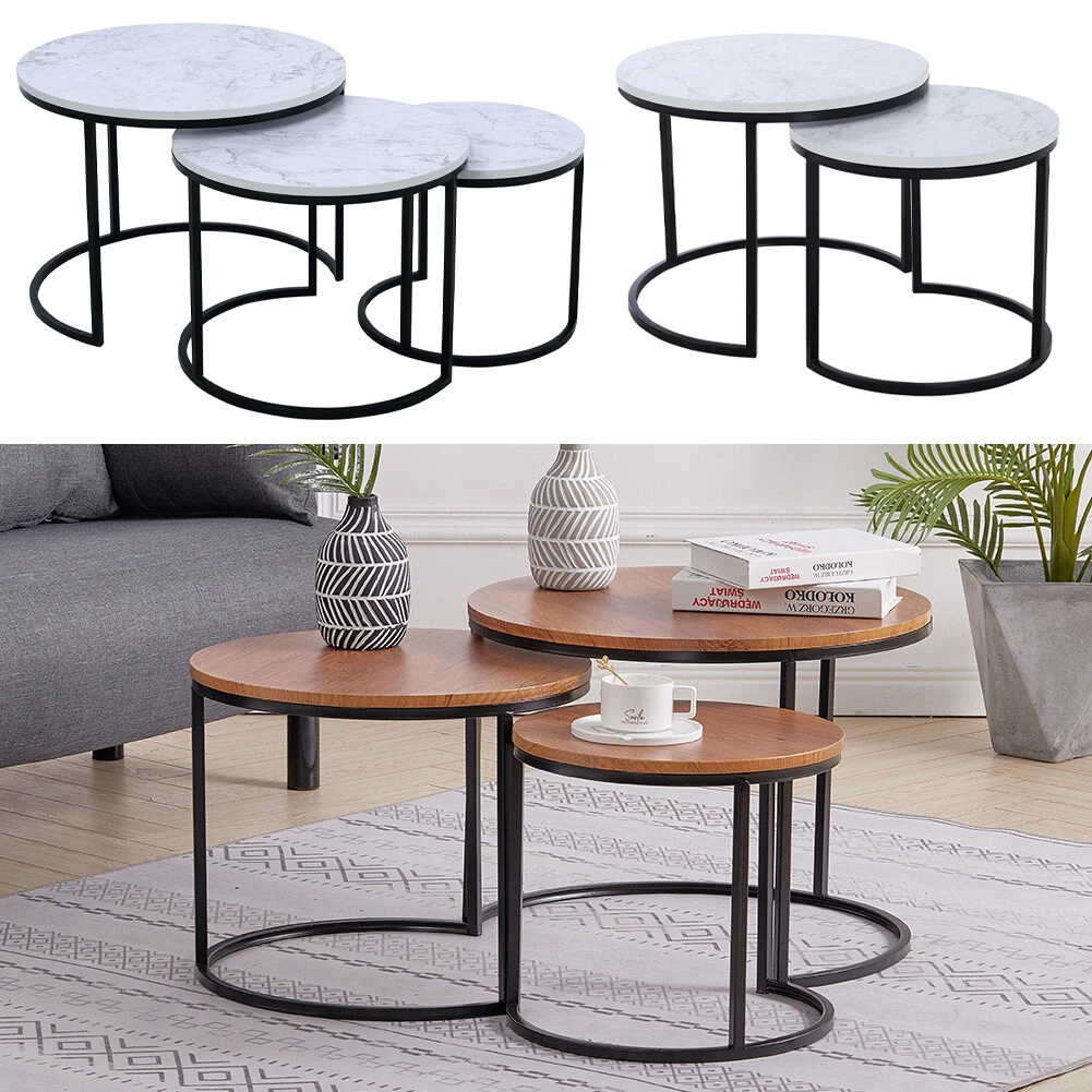 Set of 2 3 Wood Nest of Side Tables Cafe Home Tea Coffee Metal Frame Table Desk