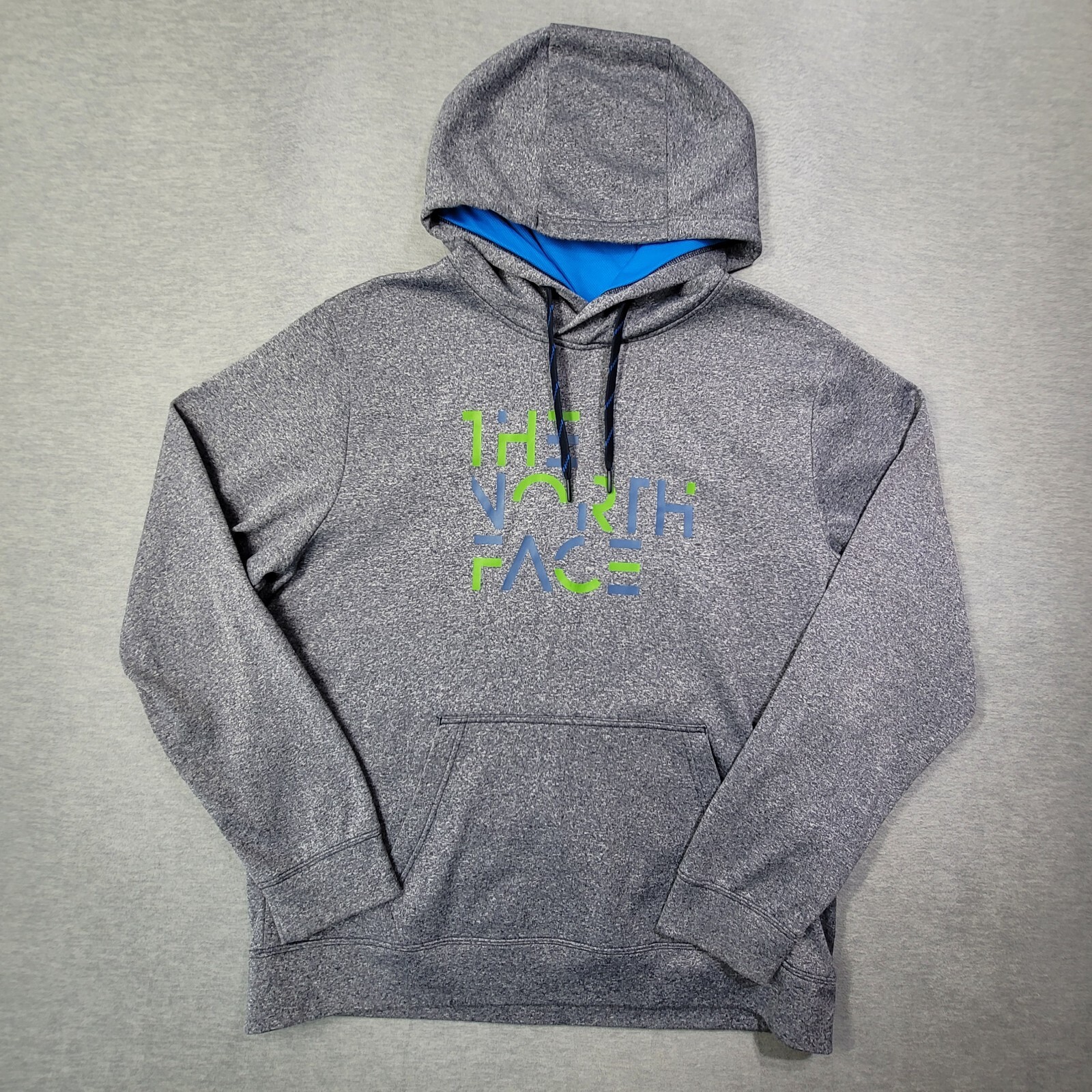 The North Face Mens XL Gray Fleece Hoodie with Spell Out Logo and Drawstring