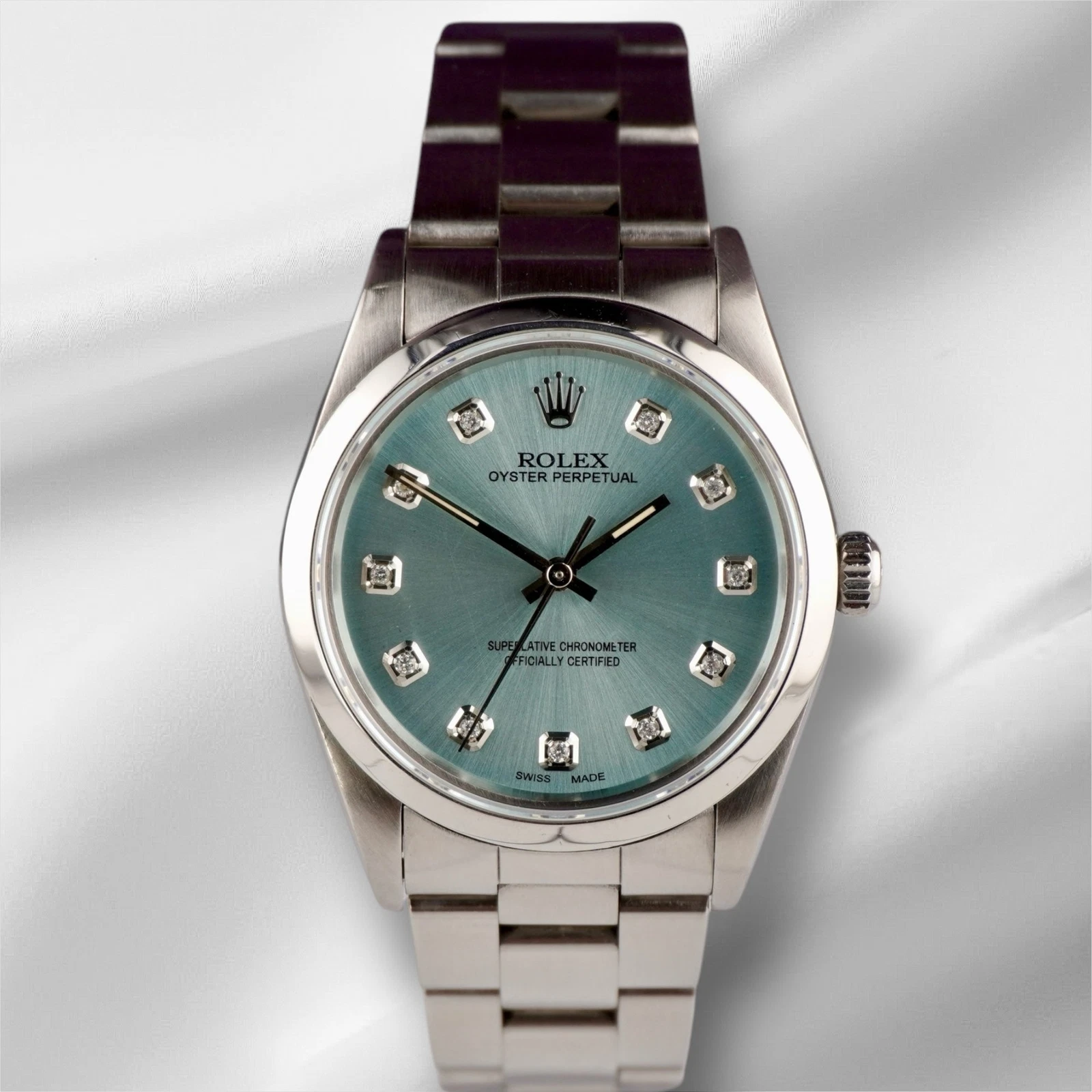 Rolex 34mm Oyster Perpetual Ice Blue Diamond Dial Stainless Steel Watch 14010