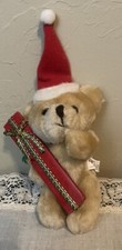 russ berrie co. plush Miniature Teddy Bear W Gift Box Christmas Santa Hat 4945