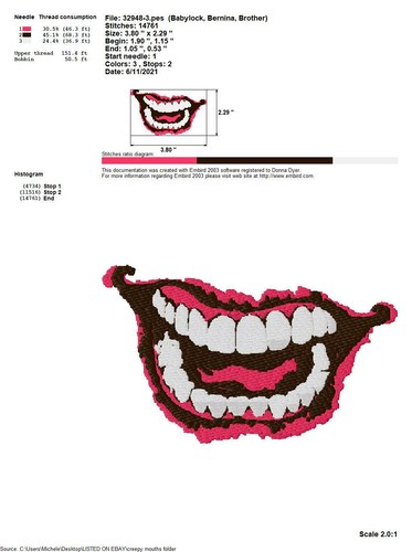 11 CREEPY MOUTHS EMBROIDERY MACHINE DESIGNS COLLECTION PES JEF HUS USB - Picture 8 of 11