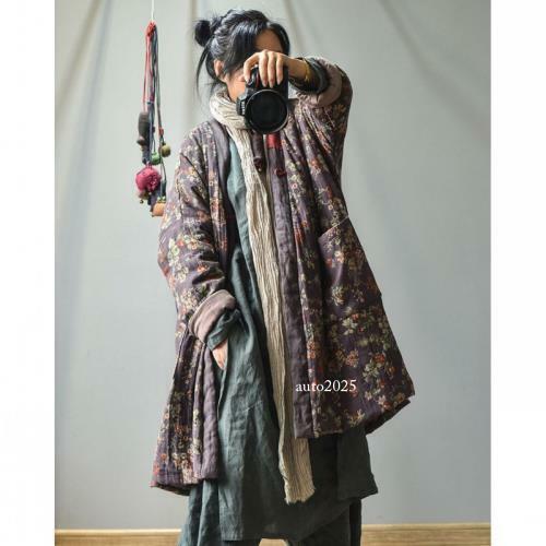 Pastoral Style Womens Long Quilted Jacket Oversize Cotton Robe Patchwork Coat L - Picture 5 of 16
