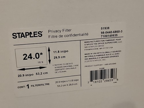 Staples Privacy Filter for 24" Widescreen Monitors (16:9) 51938 - Picture 3 of 3