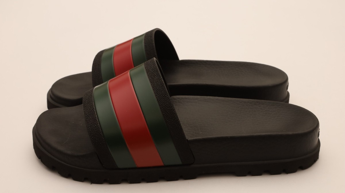 1972  pursuit Gucci Black Slides with Green and Red Stripes Gucci Pursuit 72 Trek Lug Sole Mens Slides Size 6 G/ US 7 in  main image 3