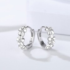 925 STERLING SILVER PLUMERIA FLOWER Children Girl CZ HOOP Huggie EARRINGS D25