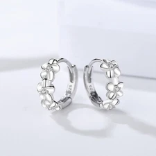 925 STERLING SILVER PLUMERIA FLOWER Children Girl CZ HOOP Huggie EARRINGS D25