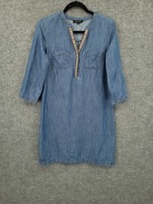 Spense Dress Womens 6 Chambray Shift 3/4 Sleeve Embroidered V-Neck Blue Pullover