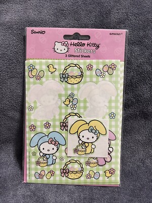 Vintage Sanrio Hello Kitty Easter Bunny Stickers 3 Sheets 2005 Pastel Glittered