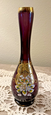 Amethyst Glass Bohemian Vase 9.5'' Purple Antique Gold Bud Flower Design Vintage