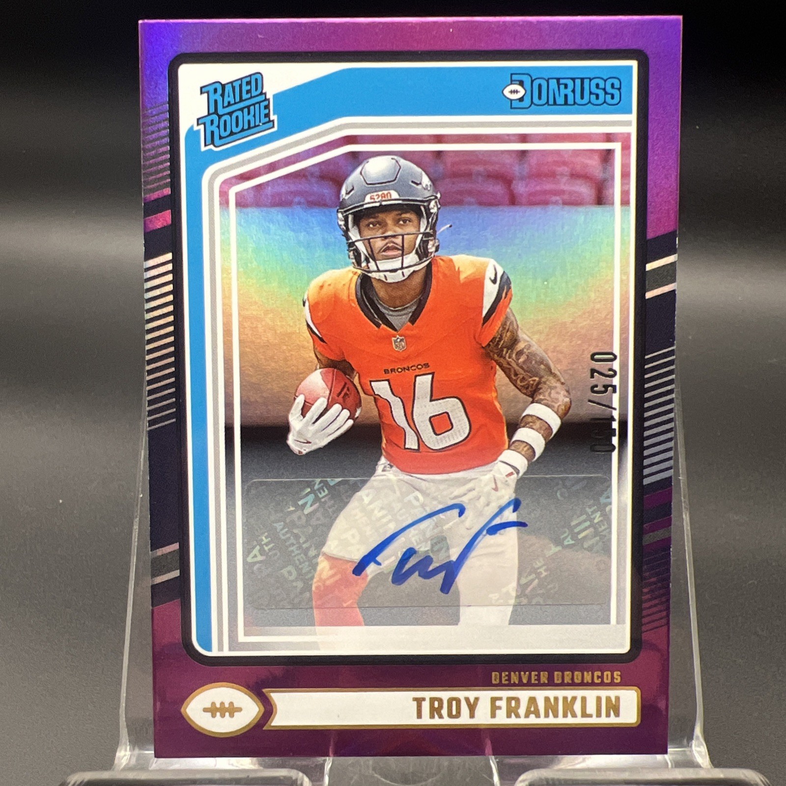 2024 Panini Donruss Troy Franklin /150 Rated Rookie Auto Purple Prizm SP Broncos