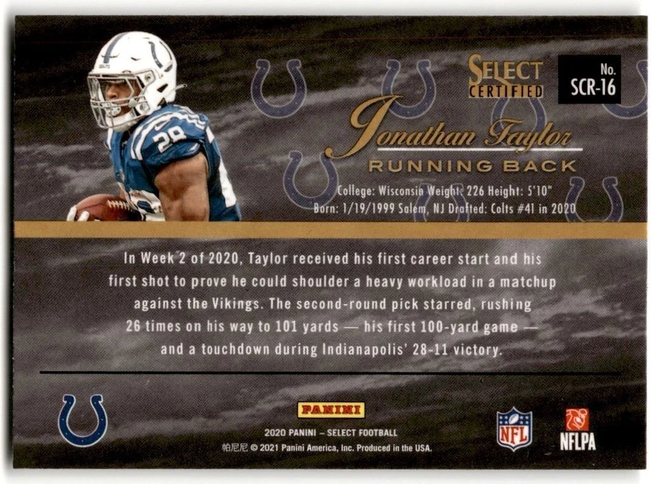 Jonathan Taylor 2020 Panini Select Certified Rookie #SCR-16 - Image 2 of 2