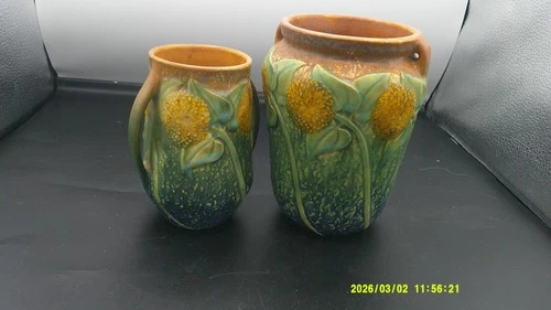 Vintage Roseville Sunflower Handled Vase 513-5 Circa 1930's Art Pottery