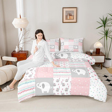 Kawaii Cartoon Elephant Queen Bedding Set for Kids - Pink  Grey 3Pcs