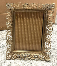 Vintage Picture Frame 12x 10" WhiteWashed Gold Tone Metal Fancy Ornate Filigree