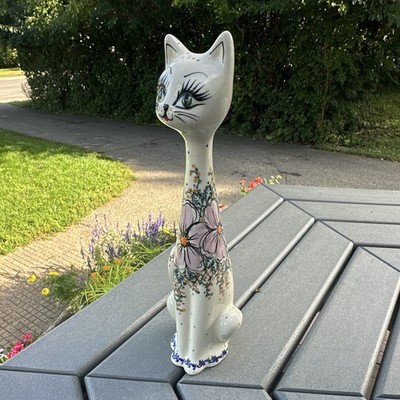 Hand-Painted B Vena Ceramic Cat tall figurine, violet flowers handmade in Poland