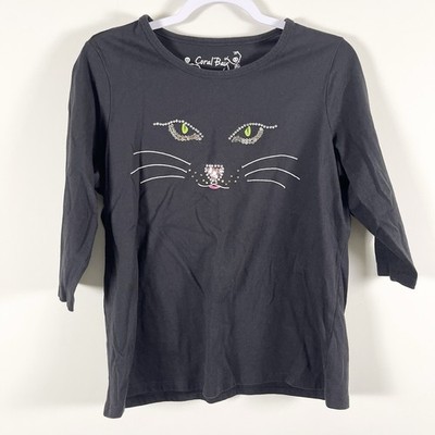 Coral Bay Black Rhinestone Cat Face 3/4 Sleeve Shirt Crazy Cat Lady Lover Large
