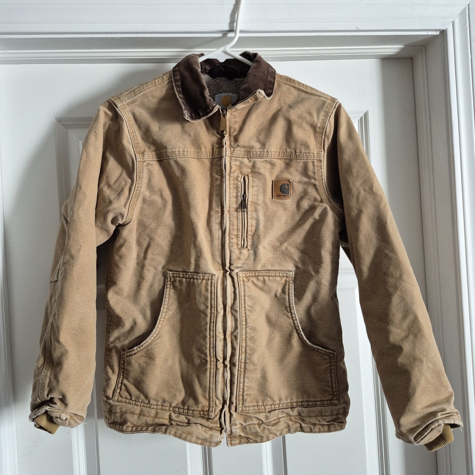 Vtg Carhartt Jacket Youth Large 10/12 Chore Barn Coat Sherpa Lined Distressed image 2