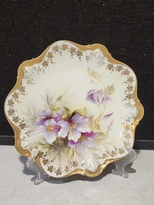 Antique RS Prussia Germany Porcelain Cabinet Plate Purple Flower Gilt Gold Edge