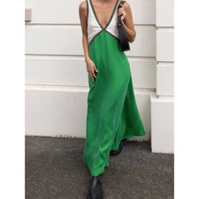Commense Satin Colorblock Trim Minimalist Breezy Long Green Maxi Dress M
