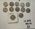 Washington Quarters Lot Of 12 PRE 1964 90% Silver 25C USED CIRCULATED (BJ)