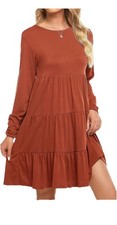 Rust Long Sleeve Ruffle Layered Short A-Line Dress Solid Pullover