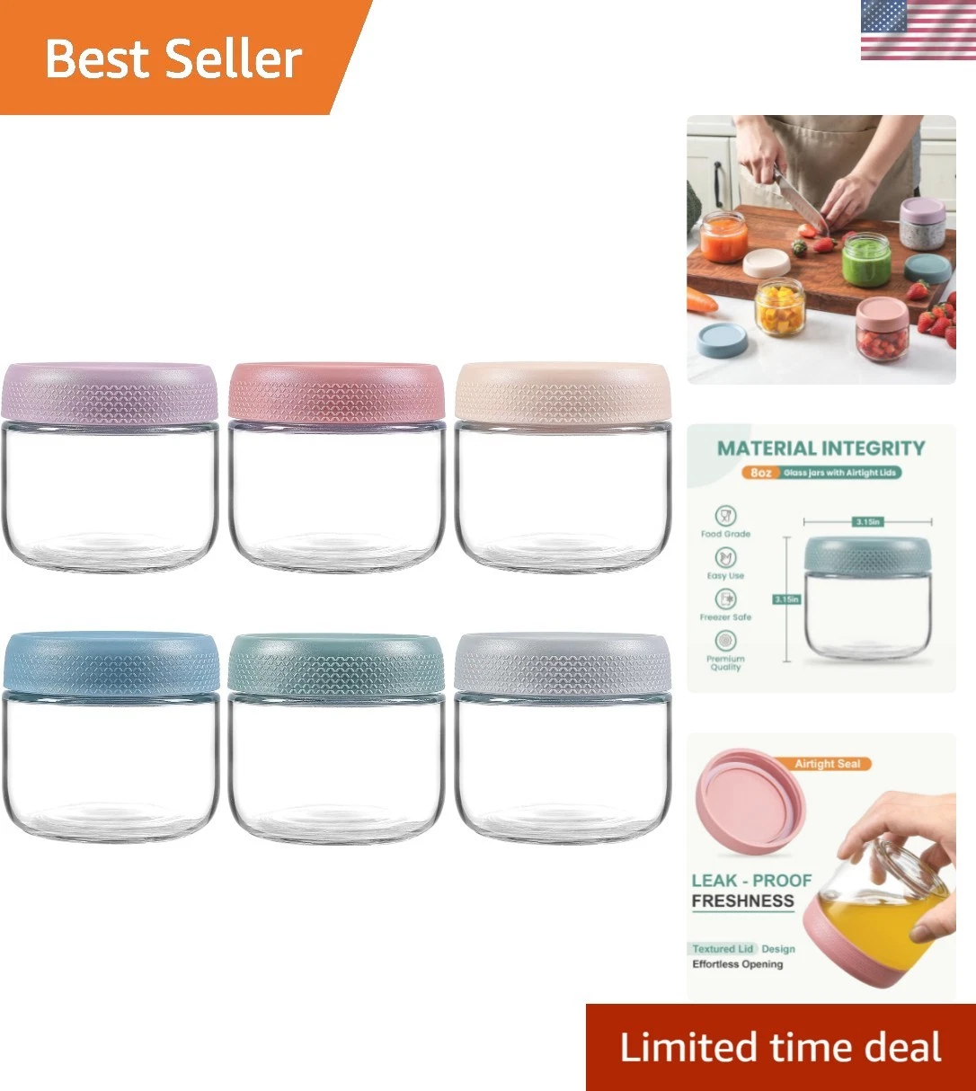 6-pack 8oz Glass jars with Airtight Lids, Overnight Oats Containers with Lids...