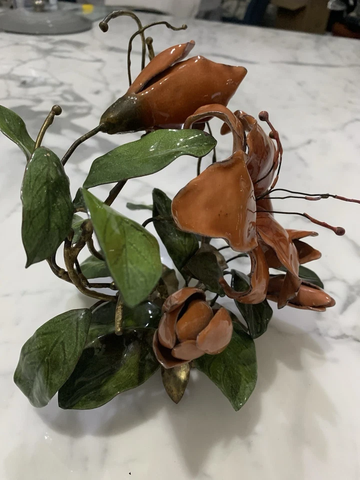 Large Vintage Brass Flowers Enamel Metal Floral Sculpture MCM 8” OOAK - Image 2 of 4