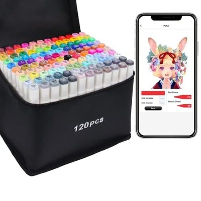 120 Farben Alkohol Marker Set mit App, Dual-Tip Marker Stifte zum Ausmalen,