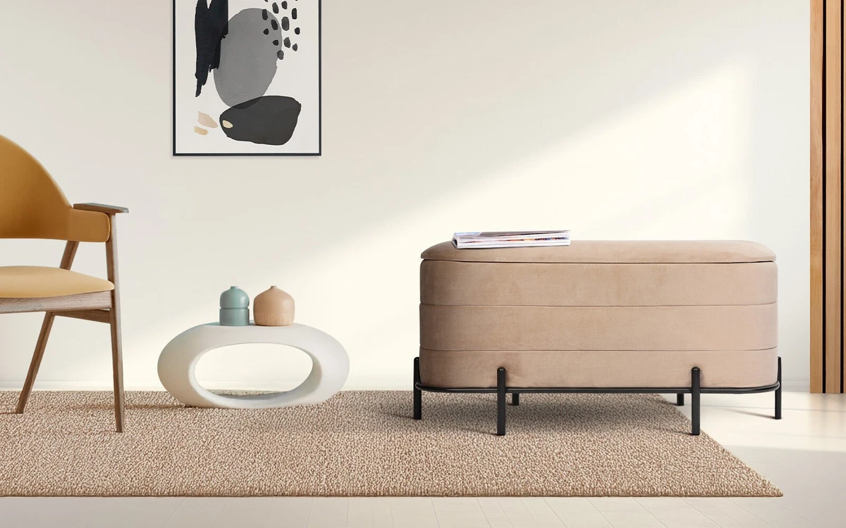 Coffee Table Storage Ottoman - Velvet Padded Blanket Box Bench DEMI CAMEL BEIGE