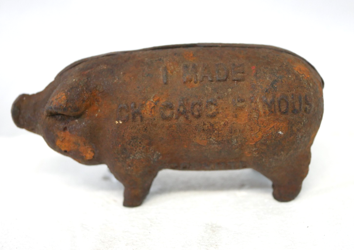 Antique 1902 Cast Iron Pig Coin Bank- 