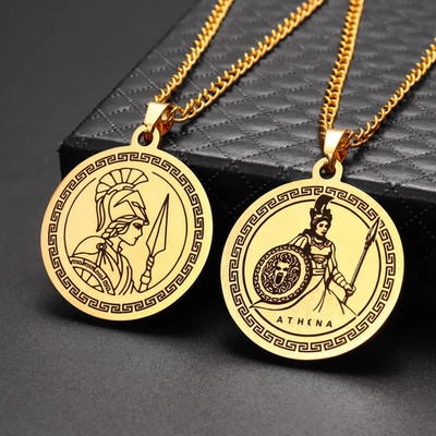Athena Goddess Pendant 33x30mm/1.3x1.2'' Gothic Greek Silver Black Gold Necklace 