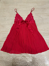 Victoria's Secret Babydoll Nightie S Red Lace Pleated Chiffon Satin Bow Lingerie