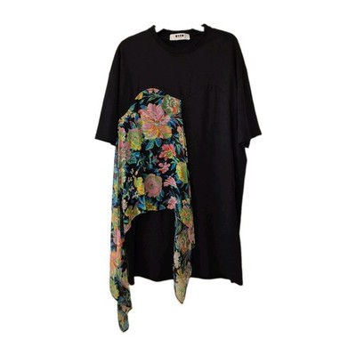 MSGM Black Tee Shirt dress with Floral Scarf Attachment Sz L Made In Italy