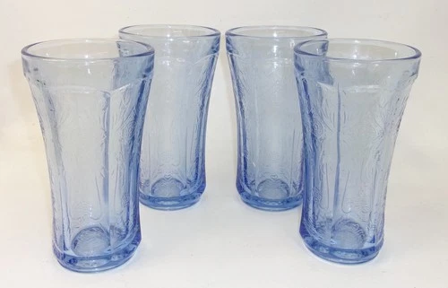 4 Indiana Recollection Glass Madrid Blue Depression 6.25" Tumblers Glasses