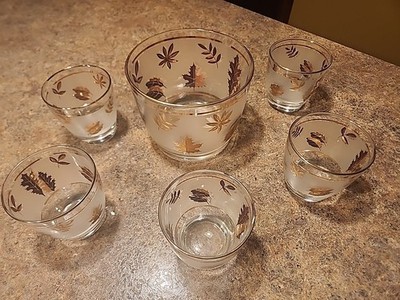 Libbey Golden Foliage Frosted Gold Leaves Ice Bucket & Old Fashion Glasses 6 pcs