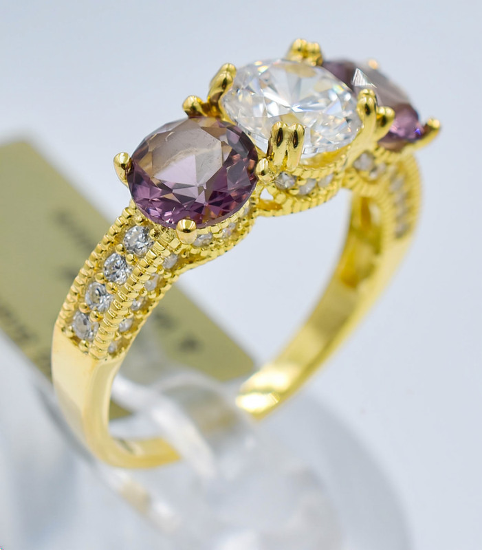 LAB CREATED AMETHYST &  W/SAPPHIRE RING RING 14K YELLOW GOLD PLATED (.925) - NWT