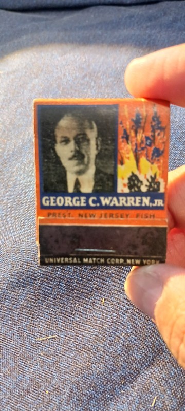 GEORGE C WARREN JR.. PREST NJ FISH AND GAME COMMISSIO 1960S...UNSTRUCK MATCHBOOK