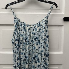 dip Womens Large Blue White Floral Viscose Maxi Dress Tie Waist Coastal Boho