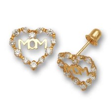 14k Yellow Gold Mom Heart Shape with CZ Screw Back Earrings for Women