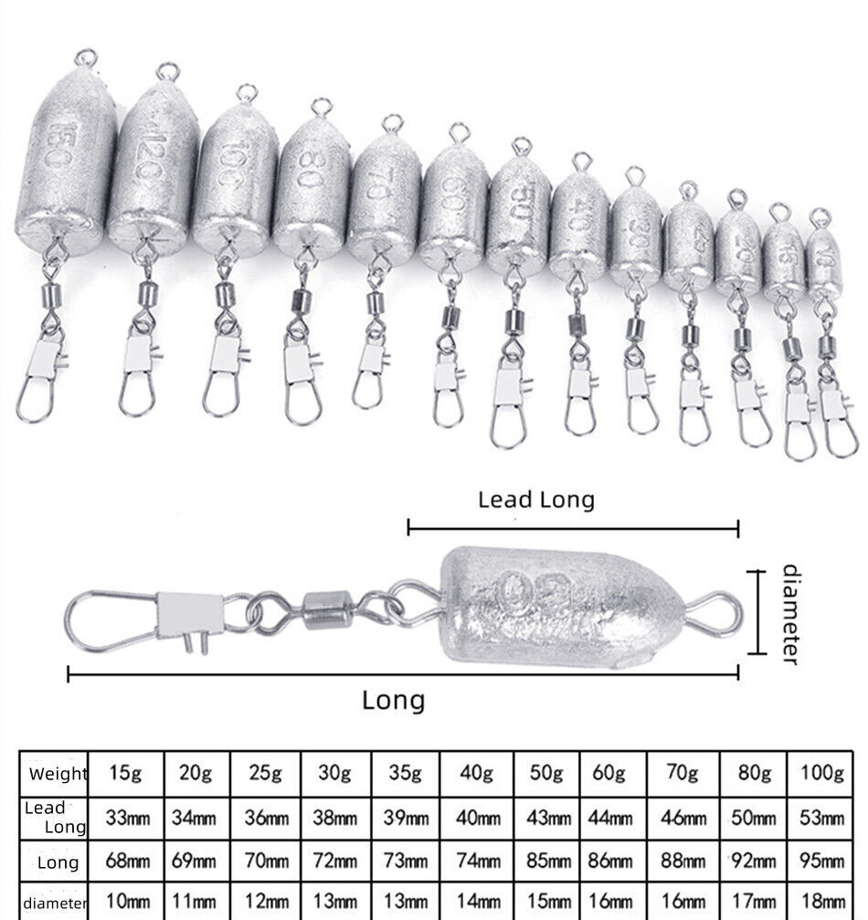 5Pcs Fishing Weitgh Sinker Lead Inline Rolling Swivel Snap Rig 10g