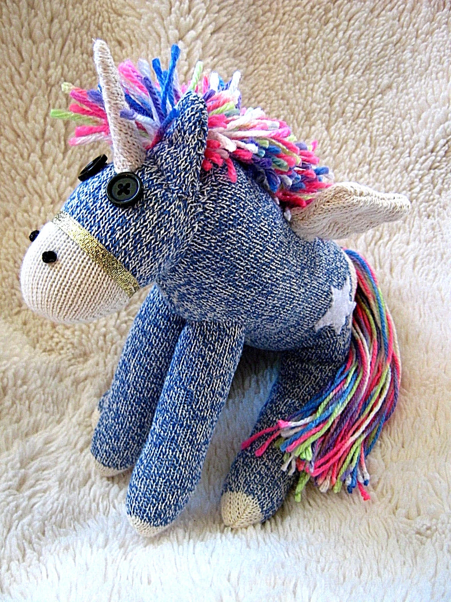 Sock Monkey Rainbow Blue Alicorn Unicorn and Pegasus Star Tattoo Handmade