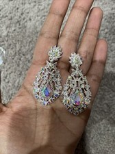 2.4 Long Silver Clear Aurora Borealis AB Chandelier Crystal Pageant Earrings