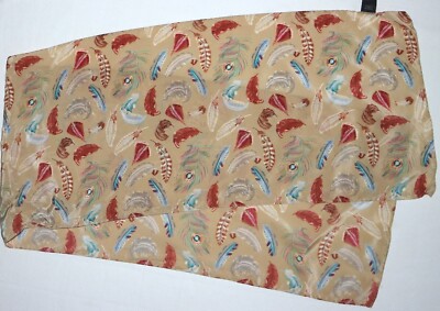 ESSENTIAL CLASSICS KOREA Beige Silk Scarf Feather Pattern 13.5 X 59 EXC