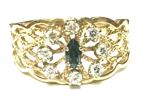 10KY Gold Filigree Band w 8 Imitation Diamonds & Blue Marquee sapphire Size 12.5