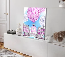 Pink Flower Air Balloons & Perfume Vector Stretched Canvas 40x50cm Print