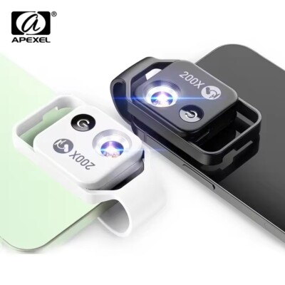 APEXEL 200X Microscope Lens 3in1 Smartphone Camera Lens Macro Lens 6 Led Light 