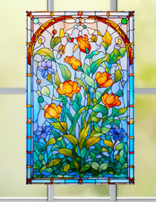 Pretty Flowers Faux Stained-Glass WINDOW CLING Size 10.6" Repositionable Vinyl