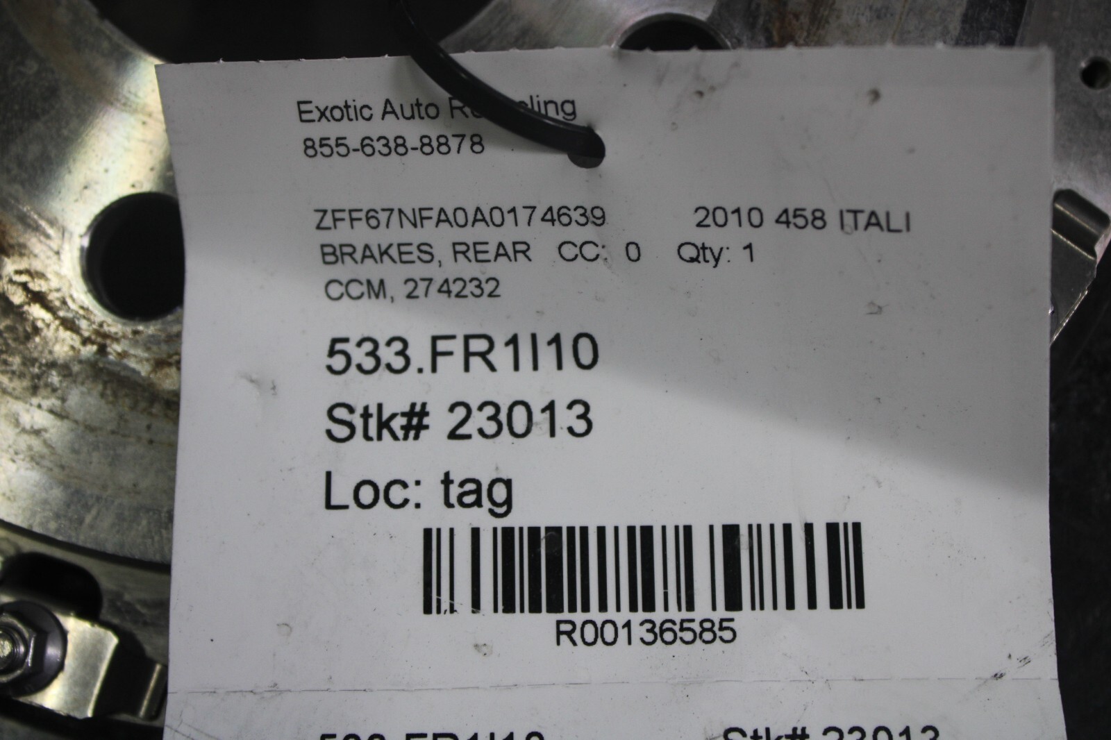 Ferrari California, 458 Italia, Rear CCM Carbon Brake Rotor, Used, P/N 274232