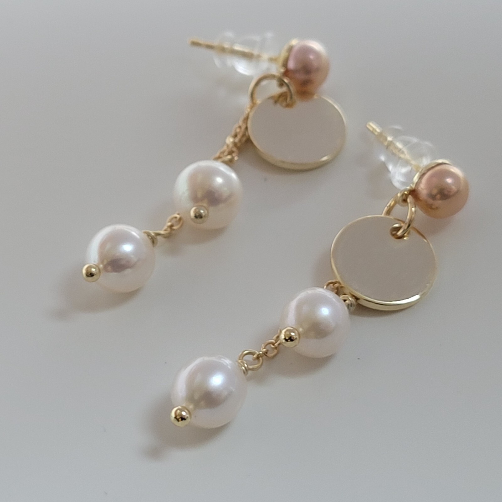 Boucles d'oreilles argent pl or jaune 18ct perles de culture #1446 pendantes artisanales